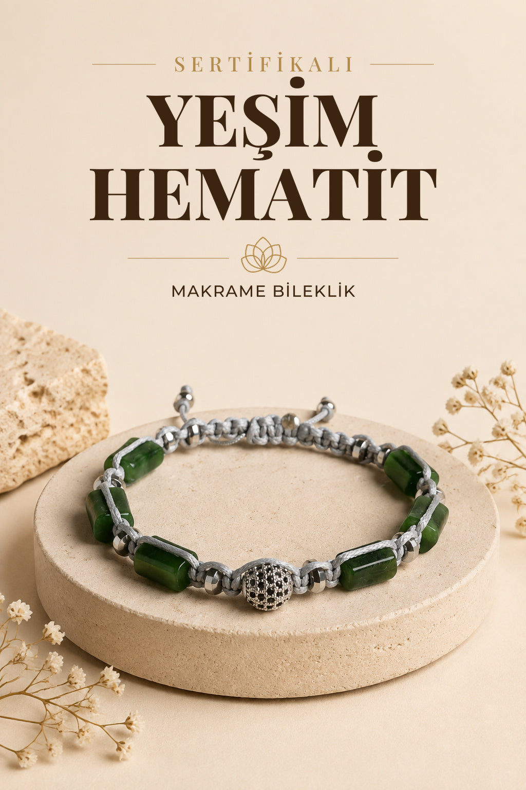 SERTİFİKALI Yeşim-Hematit Doğal Taş Makrome Ayarlanabilir Zirkon Aparatlı Bileklik