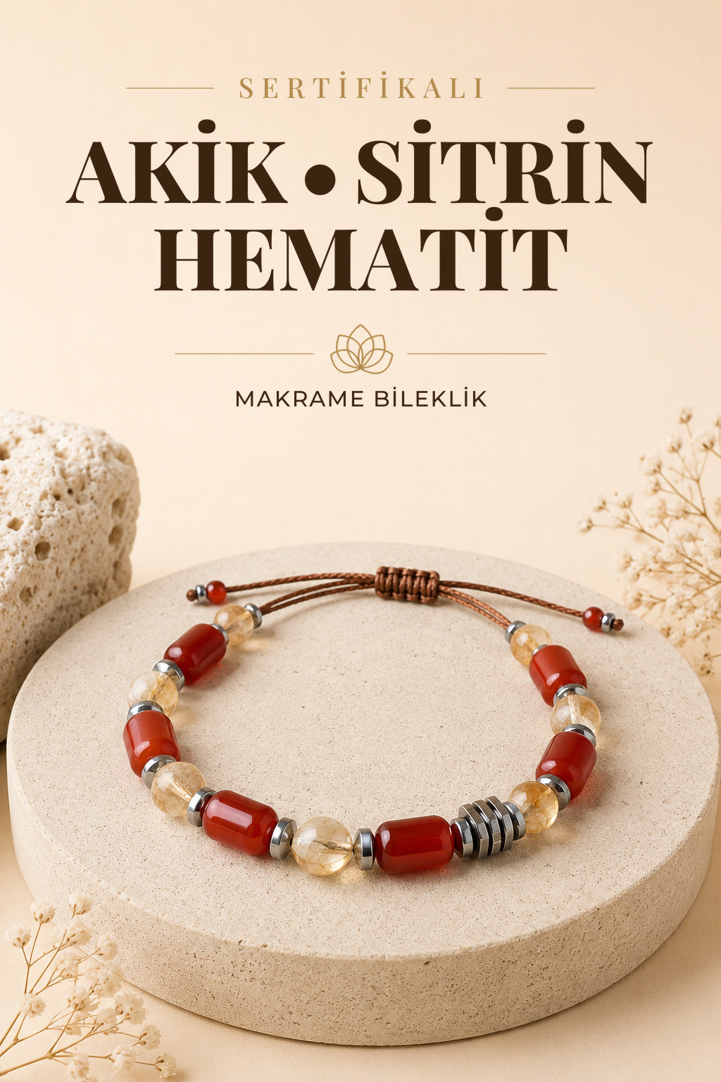 SERTİFİKALI Akik-Sitrin-Hematit Doğal Taş Makrome Ayarlanabilir Bileklik