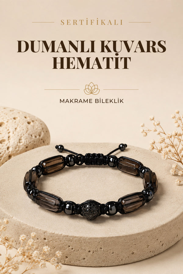 SERTİFİKALI Dumanlı Kuvars-Hematit Doğal Taş Makrome Ayarlanabilir Zirkon Aparatlı Bileklik