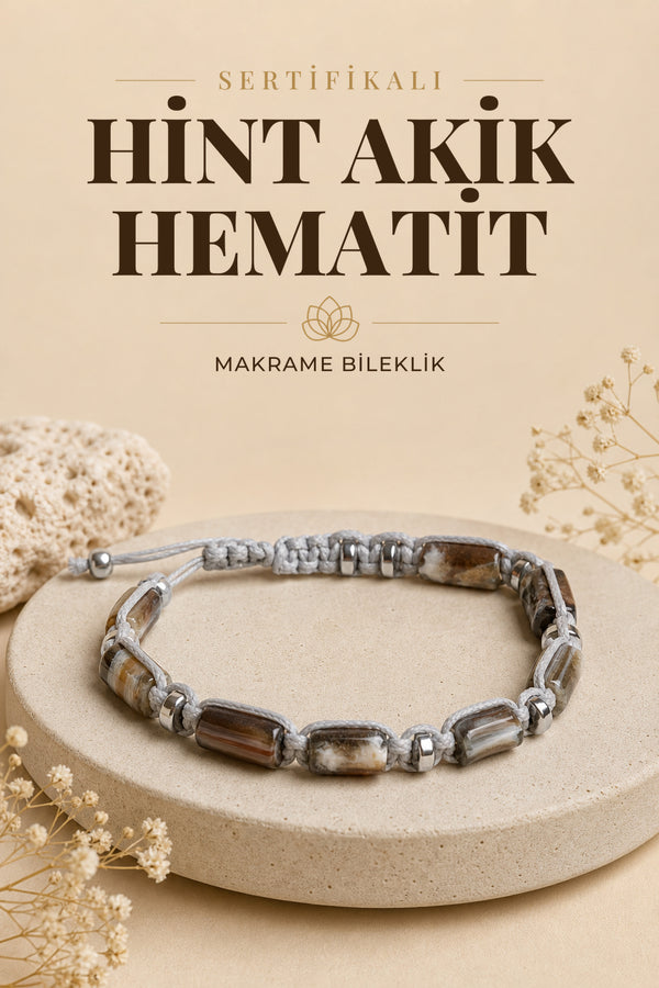 SERTİFİKALI Hint Akik-Hematit Doğal Taş Makrome Ayarlanabilir Bileklik