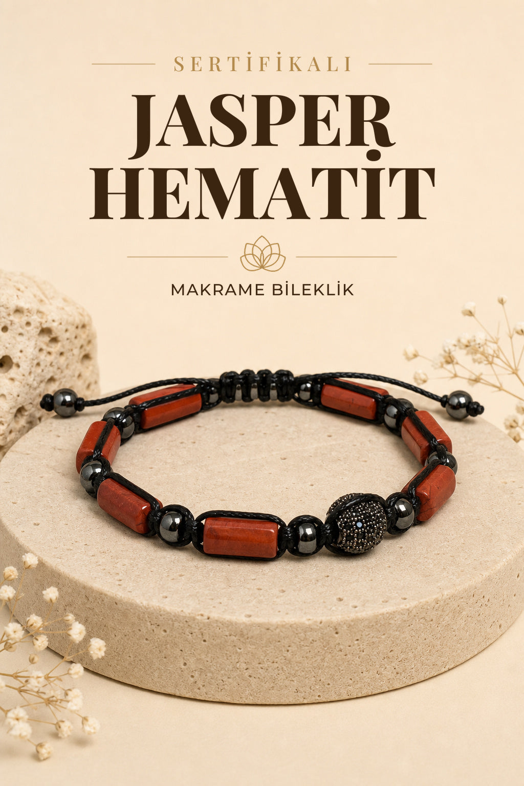 SERTİFİKALI Jasper-Hematit Doğal Taş Makrome Ayarlanabilir Zirkon Aparatlı Bileklik