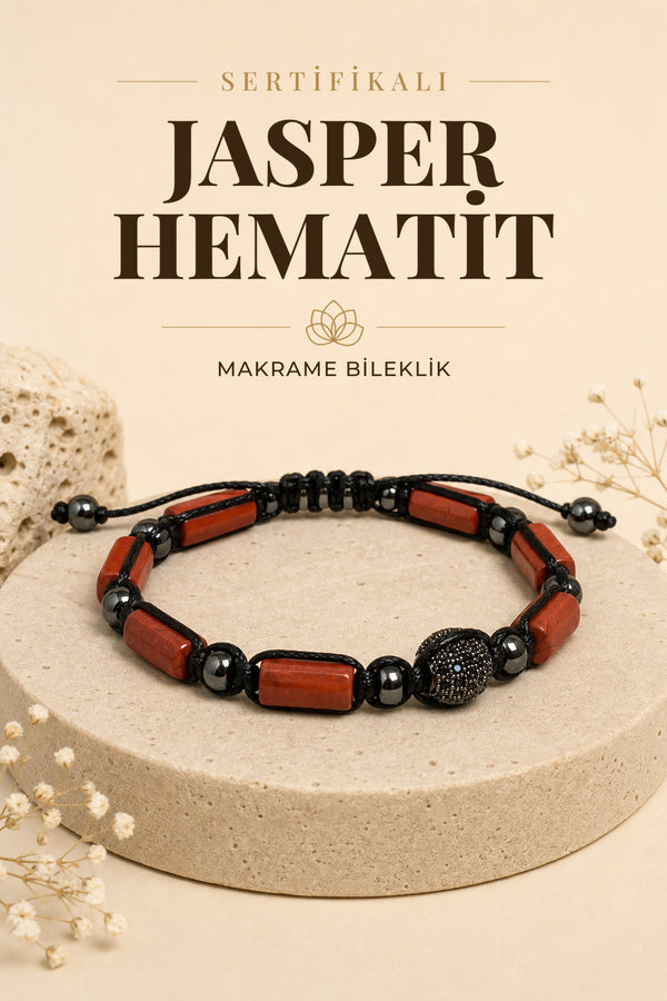 SERTİFİKALI Jasper-Hematit Doğal Taş Makrome Ayarlanabilir Zirkon Aparatlı Bileklik