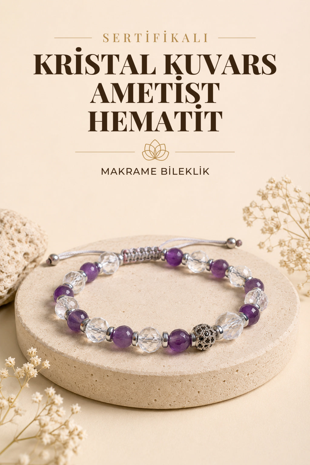 SERTİFİKALI Kristal Kuvars-Ametist-Hematit Doğal Taş Makrome Ayarlanabilir Zirkon Aparatlı Bileklik