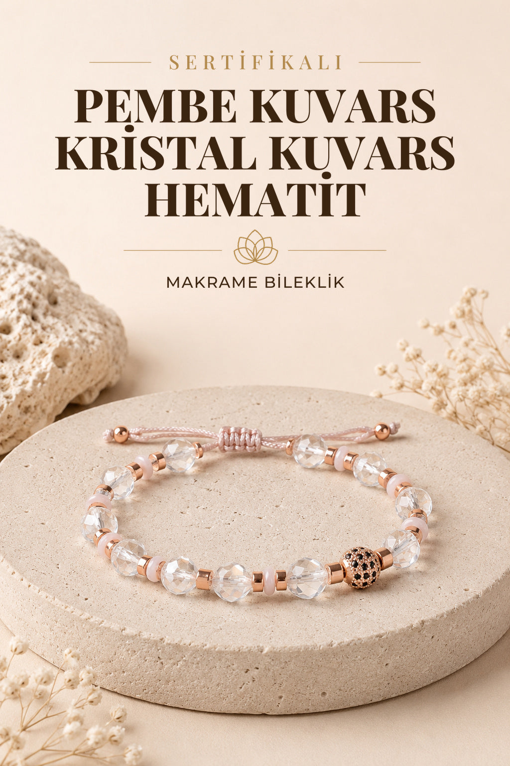 SERTİFİKALI P.Kuvars-K.Kuvars-Hematit Doğal Taş Makrome Ayarlanabilir Zirkon Aparatlı Bileklik