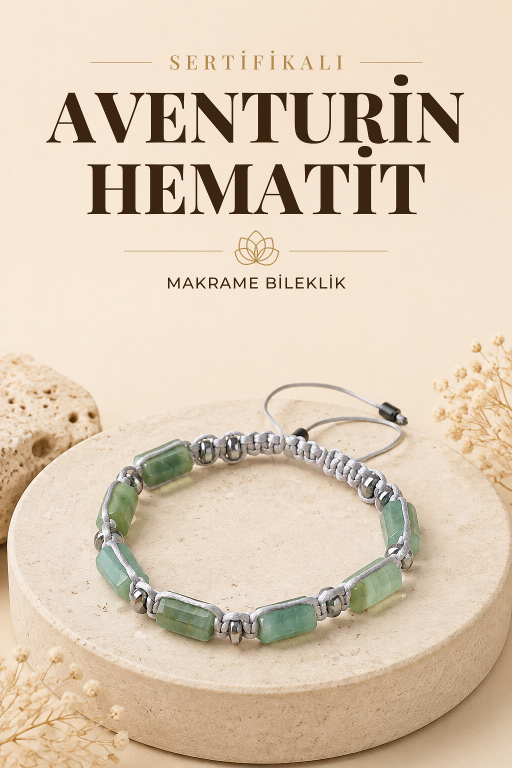 SERTİFİKALI Aventurin-Hematit Doğal Taş Makrome Ayarlanabilir Zirkon Aparatlı Bileklik