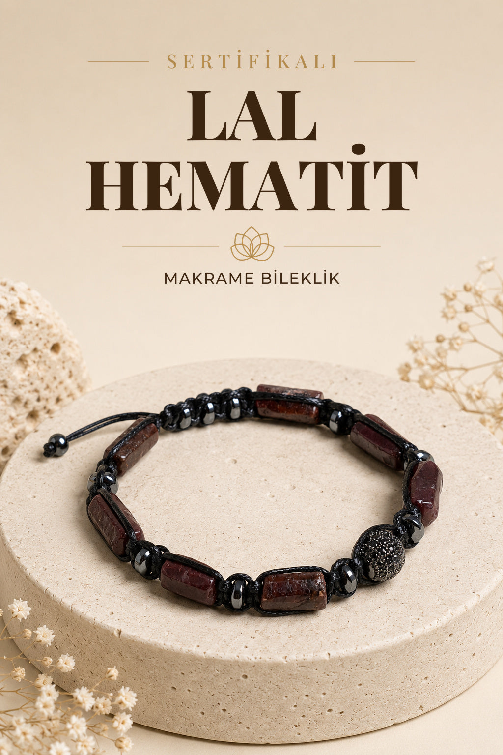 SERTİFİKALI Lal-Hematit Doğal Taş Makrome Ayarlanabilir Zirkon Aparatlı Bileklik