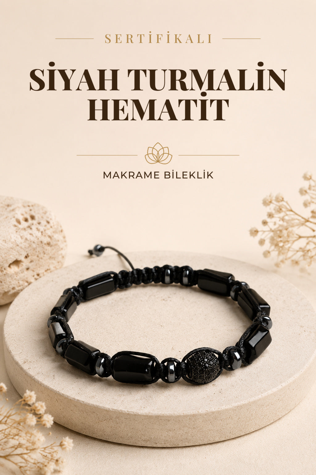 SERTİFİKALI Siyah Turmalin-Hematit Doğal Taş Makrome Ayarlanabilir Zirkon Aparatlı Bileklik