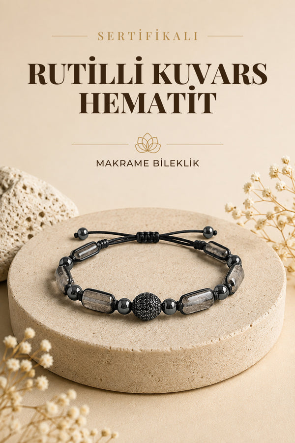 SERTİFİKALI Rutilli Kuvars-Hematit Doğal Taş Makrome Ayarlanabilir Zirkon Aparatlı Bileklik