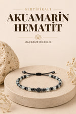 SERTİFİKALI Akuamarin-Hematit Doğal Taş Makrome Ayarlanabilir Bileklik