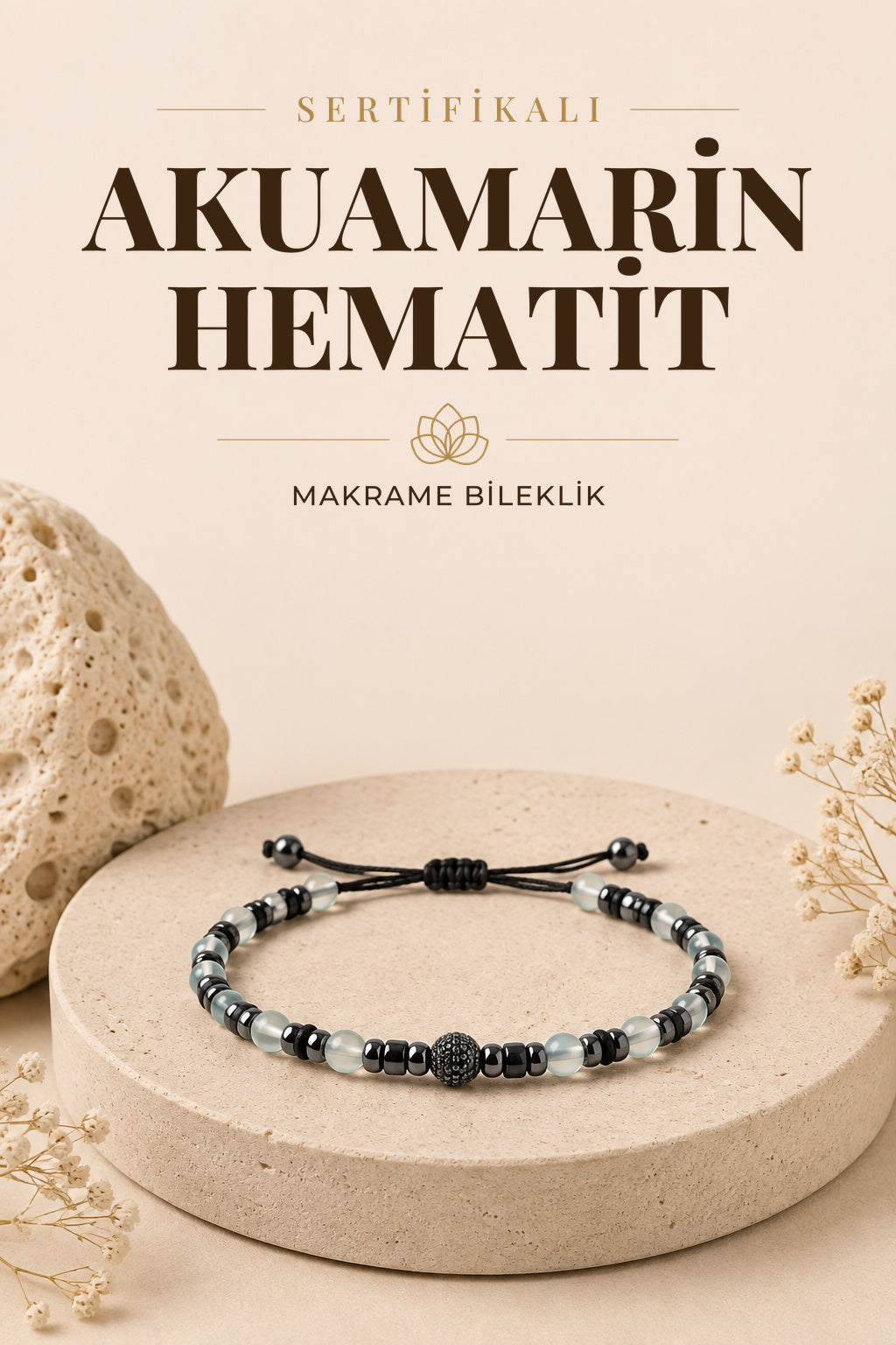 SERTİFİKALI Akuamarin-Hematit Doğal Taş Makrome Ayarlanabilir Bileklik