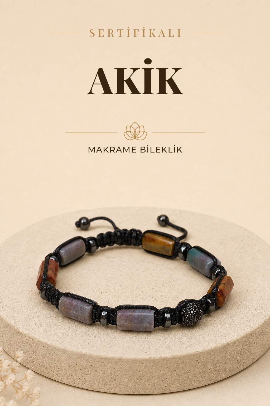SERTİFİKALI Akik Doğal Taş Makrome Ayarlanabilir Zirkon Aparatlı Bileklik