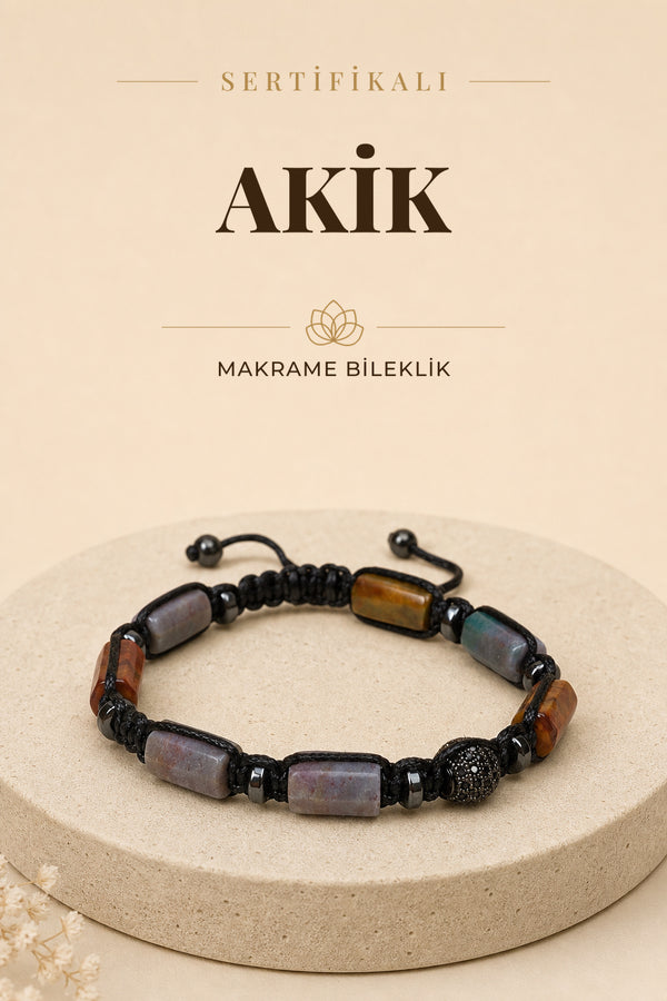 SERTİFİKALI Akik Doğal Taş Makrome Ayarlanabilir Zirkon Aparatlı Bileklik