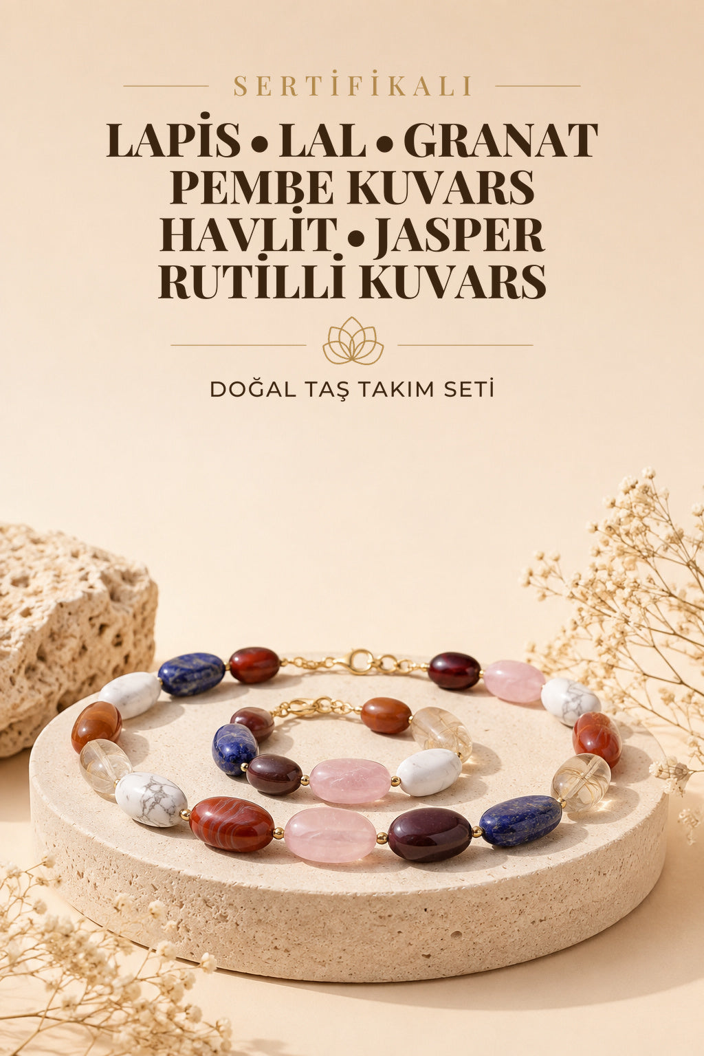 Sertifikalı Lapis-lal(Granat)-pembe Kuvars-havlit-jasper- Rutilli Kuvars Set Taşlar