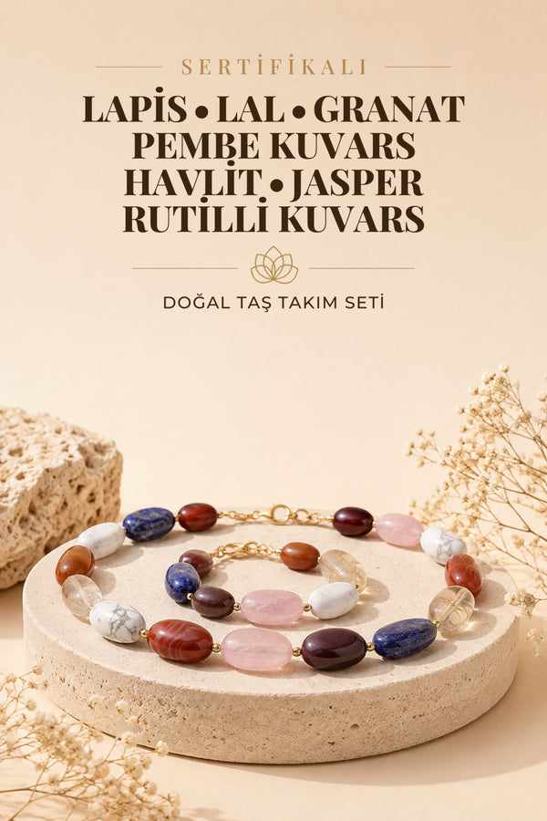 Sertifikalı Lapis-lal(Granat)-pembe Kuvars-havlit-jasper- Rutilli Kuvars Set Taşlar