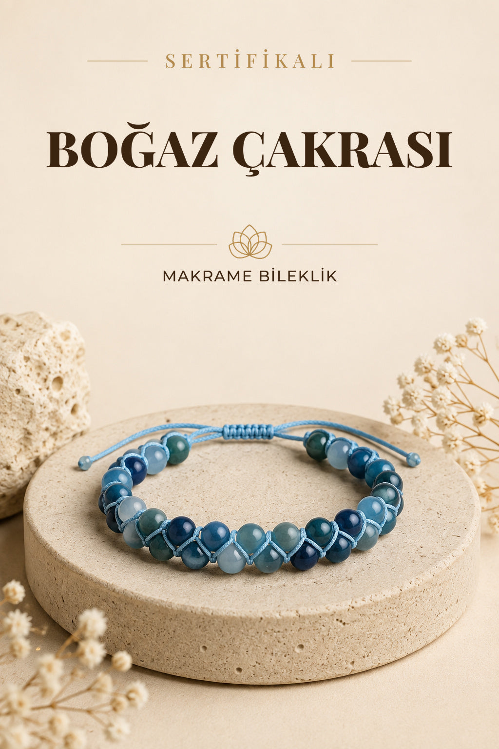 SERTİFİKALI Boğaz Çakrası Doğal Taş Makrome Ayarlanabilir Bileklik