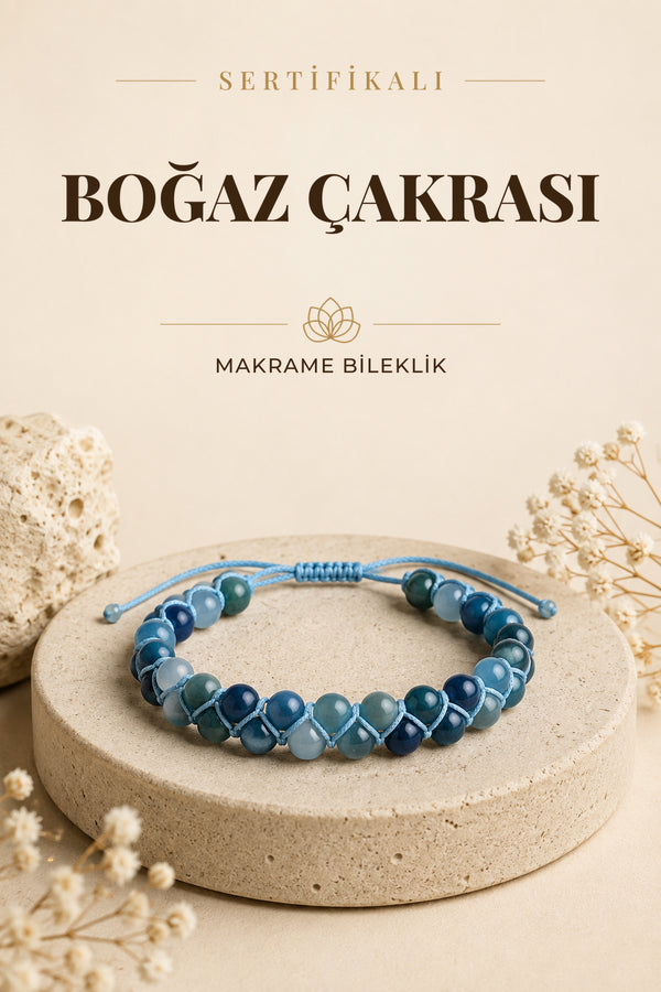 SERTİFİKALI Boğaz Çakrası Doğal Taş Makrome Ayarlanabilir Bileklik