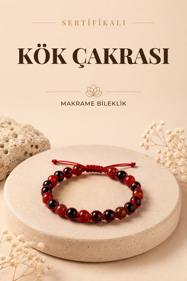 SERTİFİKALI Kök Çakrası Doğal Taş Makrome Ayarlanabilir Bileklik