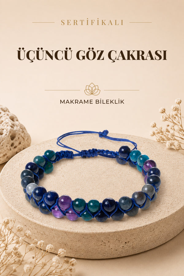 SERTİFİKALI Üçüncü Göz Çakrası Doğal Taş Makrome Ayarlanabilir Bileklik