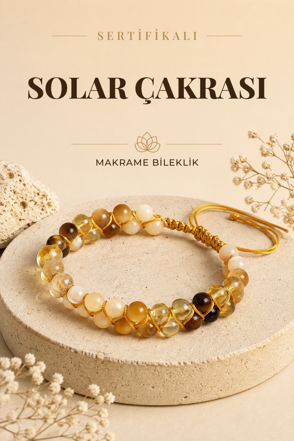 SERTİFİKALI Solar Çakrası Doğal Taş Makrome Ayarlanabilir Bileklik
