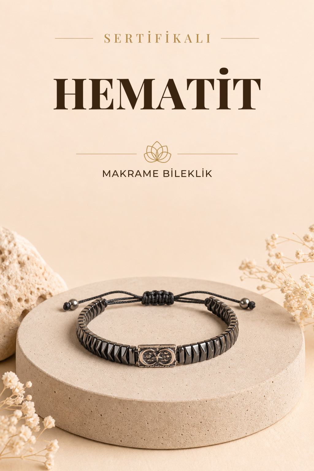 SERTİFİKALI Hematit Doğal Taş Makrome Ayarlanabilir Gümüş Bileklik No:13