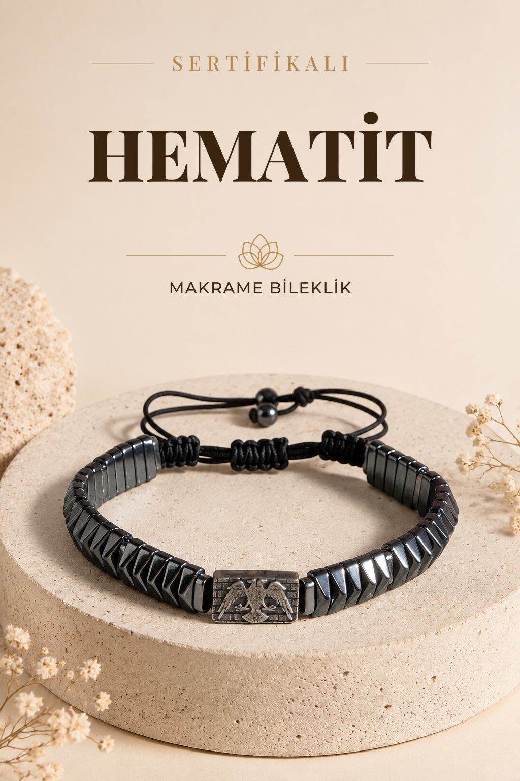 SERTİFİKALI Hematit Doğal Taş Makrome Ayarlanabilir Gümüş Bileklik No:10