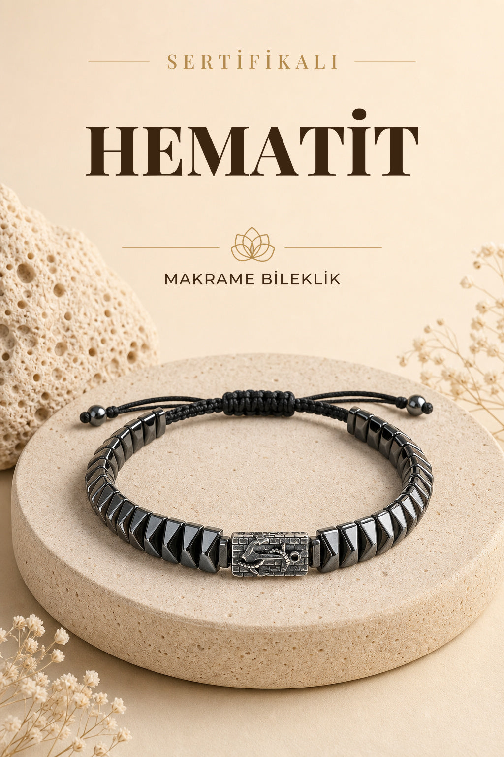 SERTİFİKALI Hematit Doğal Taş Makrome Ayarlanabilir Gümüş Bileklik No:9