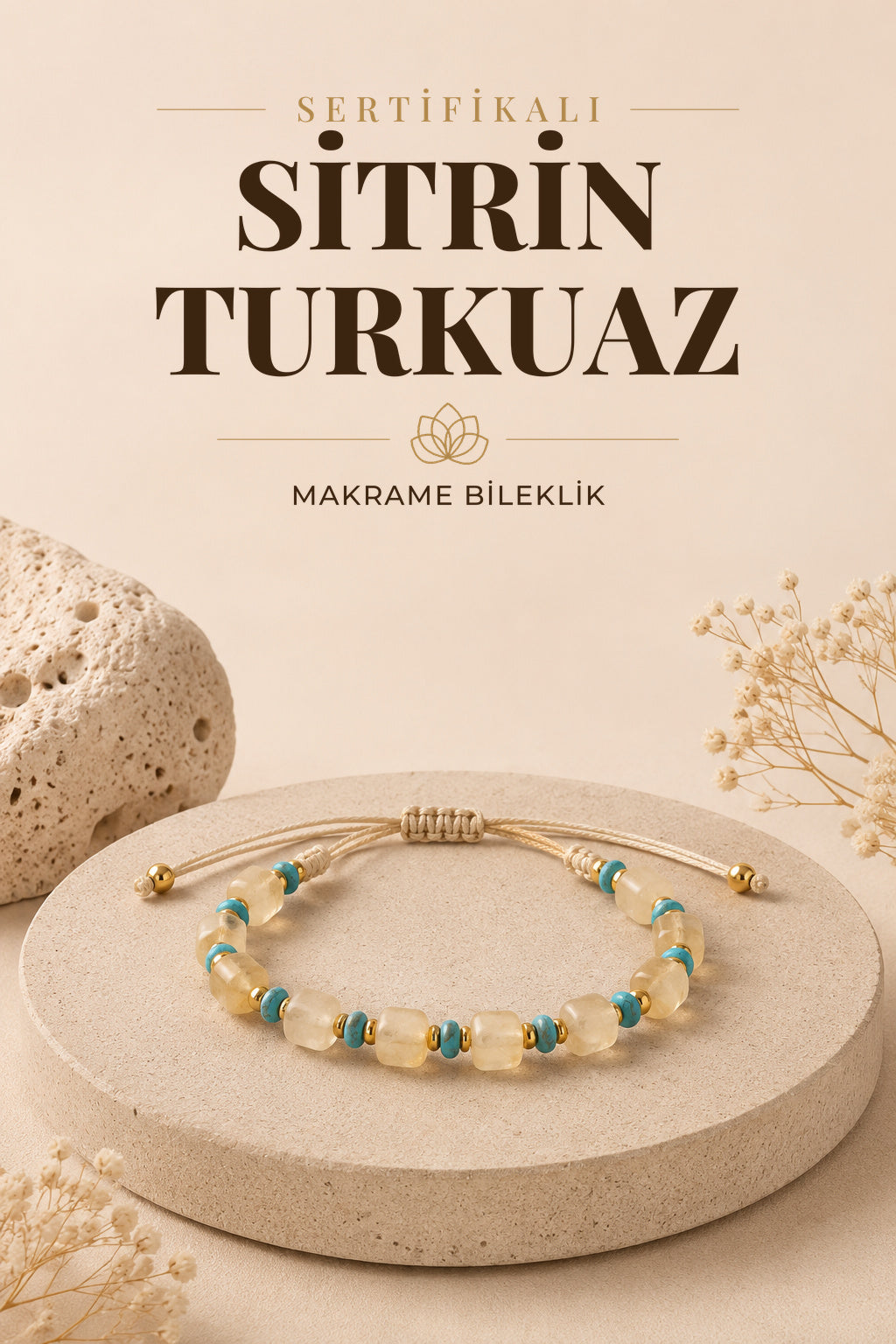 SERTİFİKALI Sitrin-Turkuaz Doğal Taş Makrome Ayarlanabilir Bileklik