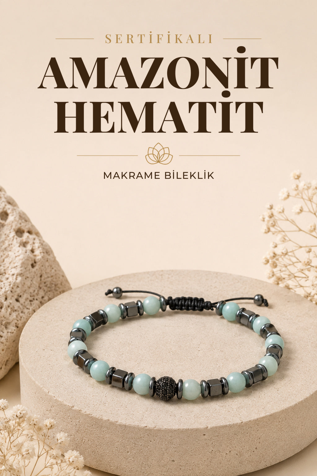 SERTİFİKALI Amazonit-Hematit Doğal Taş Makrome Ayarlanabilir Bileklik