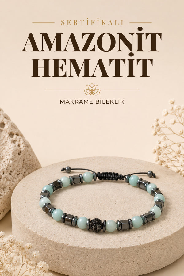 SERTİFİKALI Amazonit-Hematit Doğal Taş Makrome Ayarlanabilir Bileklik