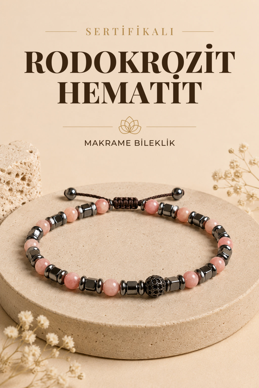 SERTİFİKALI Rodokrozit-Hematit Doğal Taş Zirkon Aparat Makrome Ayarlanabilir Bileklik