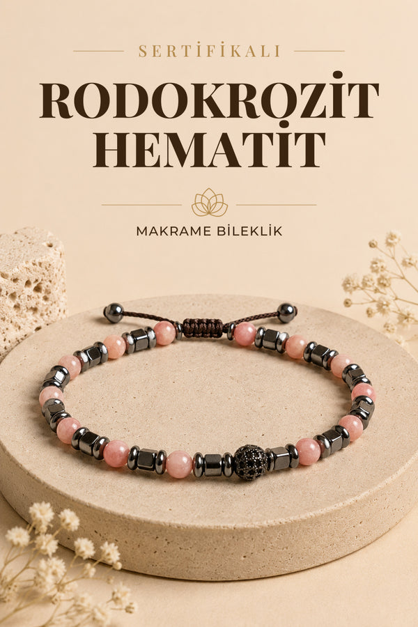 SERTİFİKALI Rodokrozit-Hematit Doğal Taş Zirkon Aparat Makrome Ayarlanabilir Bileklik