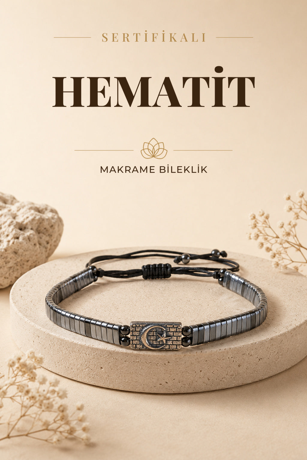 SERTİFİKALI Hematit Doğal Taş Makrome Ayarlanabilir Gümüş Bileklik No:4