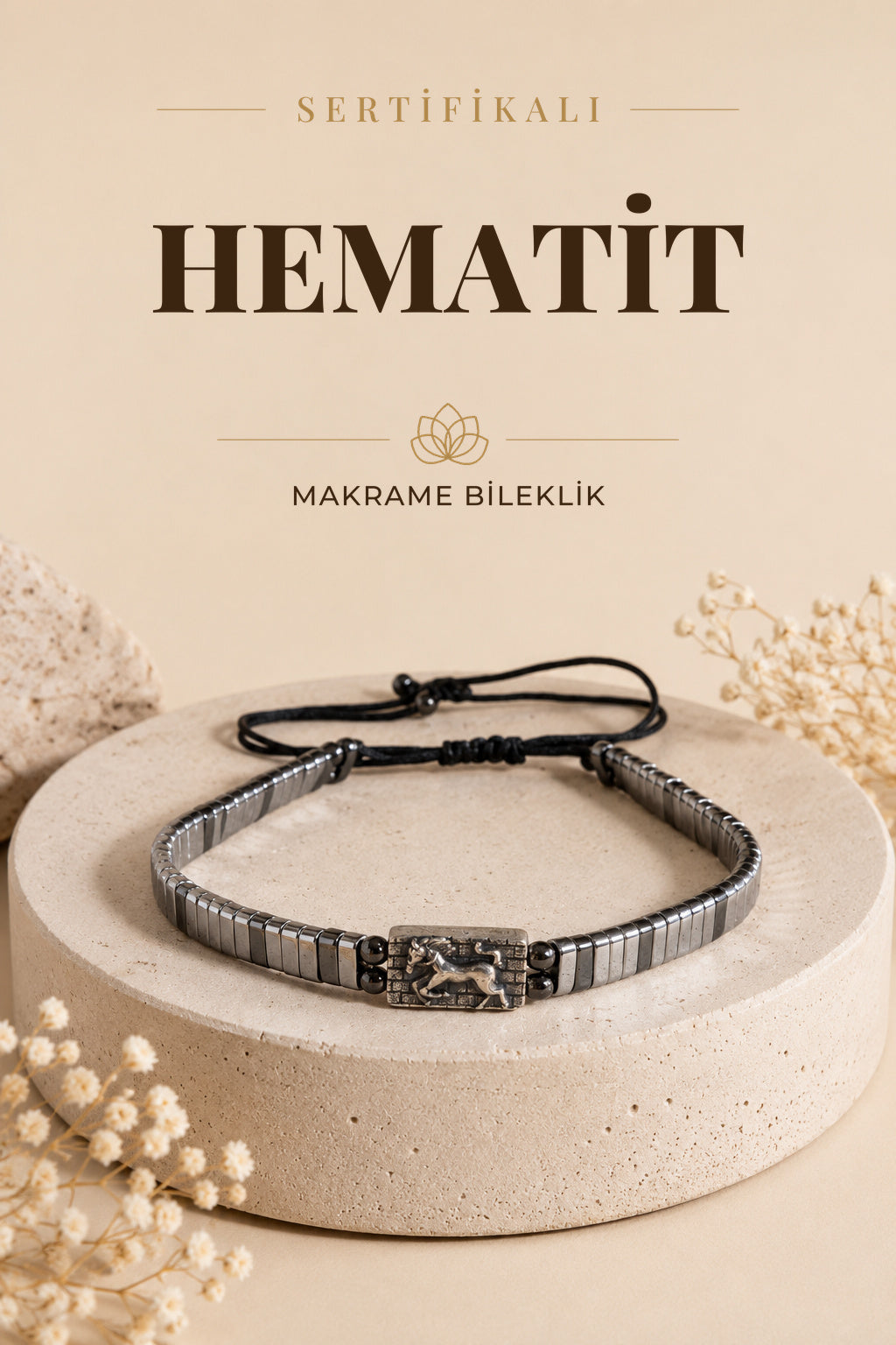 SERTİFİKALI Hematit Doğal Taş Makrome Ayarlanabilir Gümüş Bileklik No:3