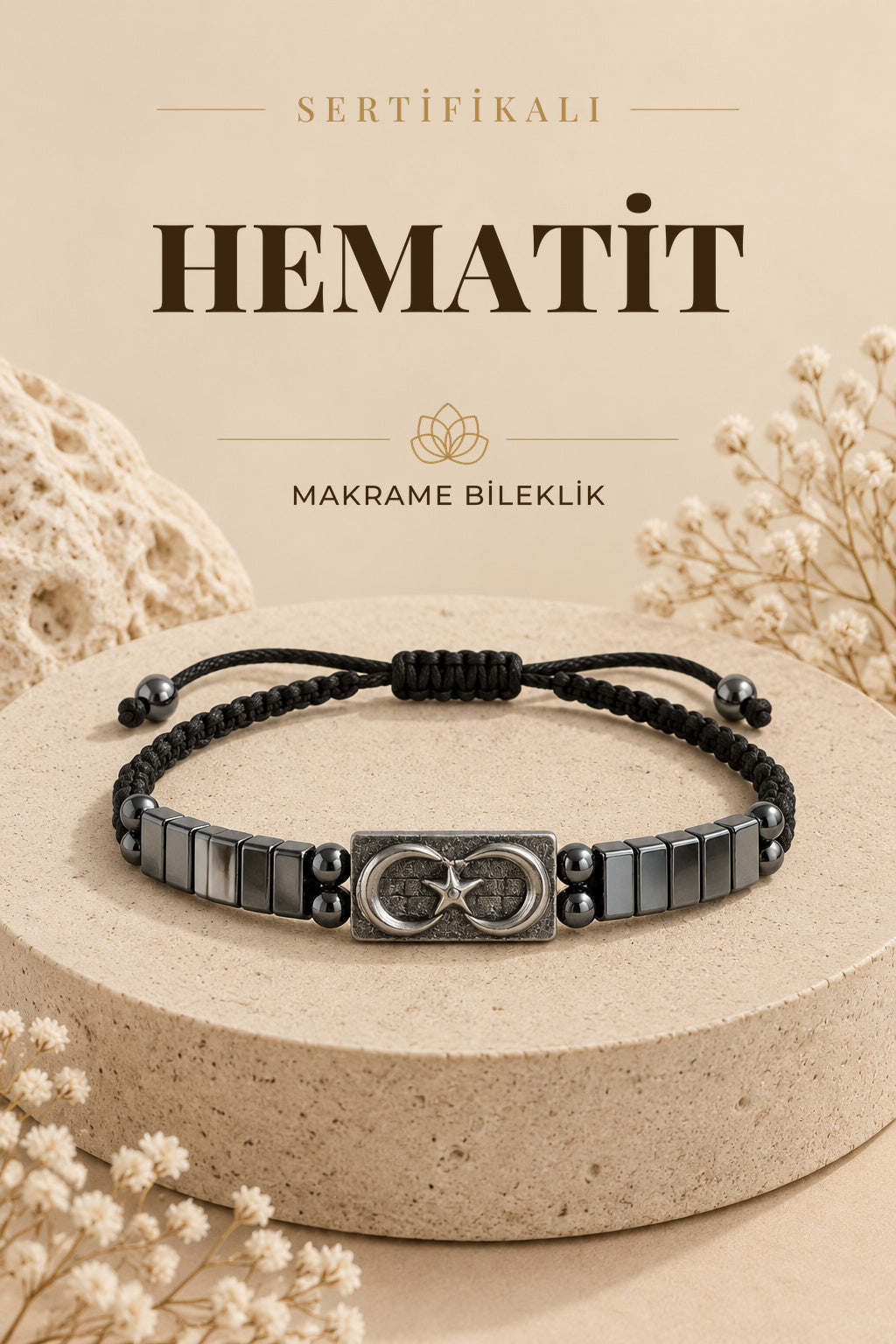 SERTİFİKALI Hematit Doğal Taş Makrome Ayarlanabilir Gümüş Bileklik No:2
