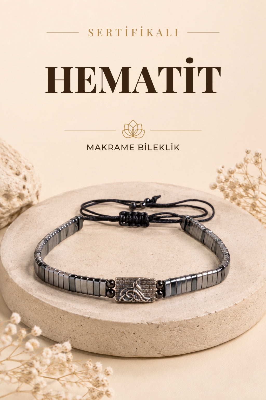 SERTİFİKALI Hematit Doğal Taş Makrome Ayarlanabilir Gümüş Bileklik No:1