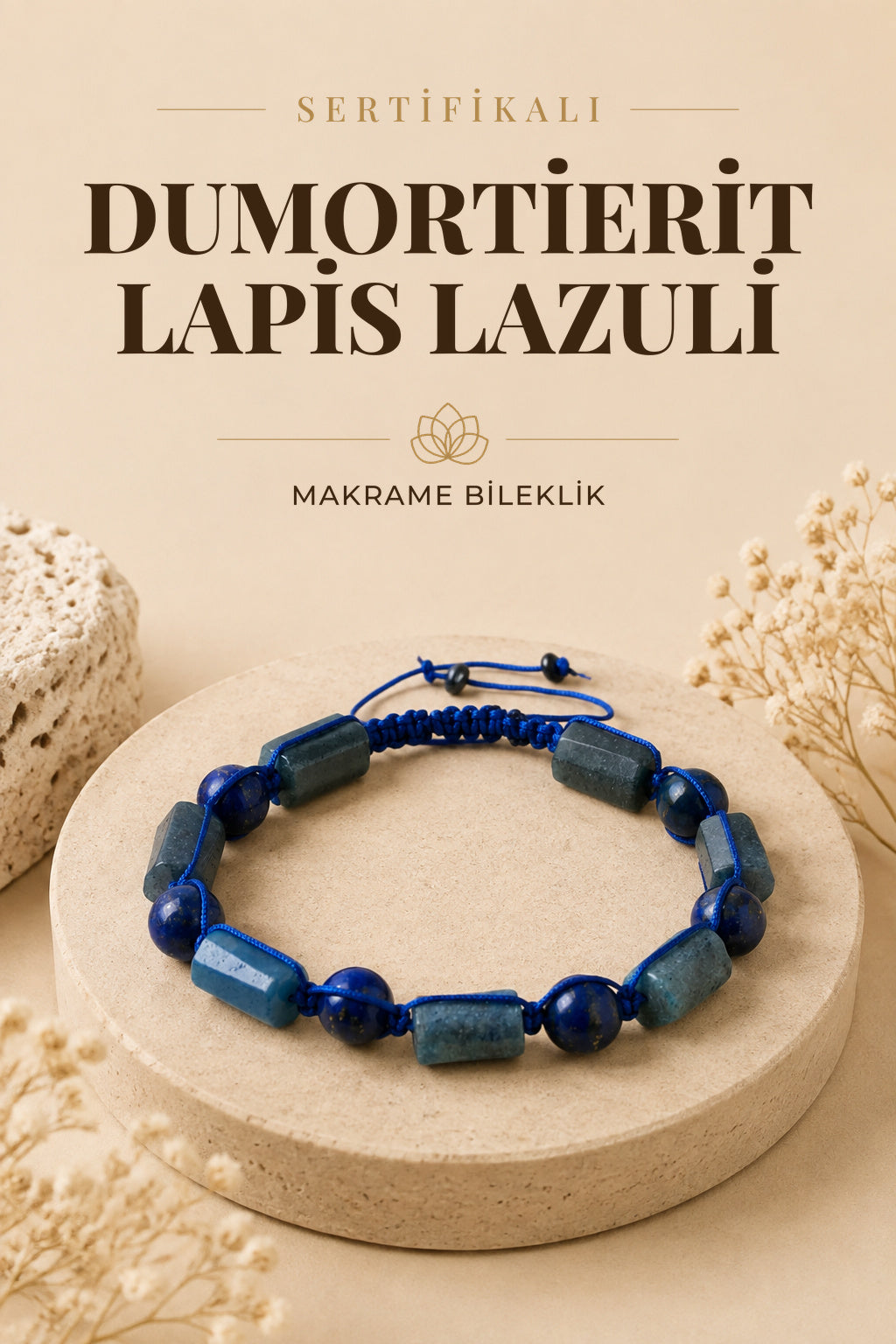SERTİFİKALI Dumortierite- Lapis Lazuli Doğal Taş Ayarlanabilir Makrome Bileklik
