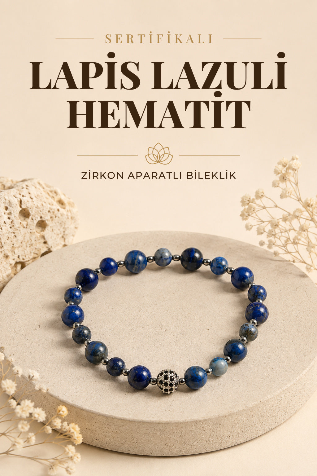 SERTİFİKALI Lapis Lazuli-Hematit Doğal Taş Zirkon Aparat Bileklik 6-8 mm