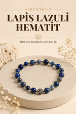 SERTİFİKALI Lapis Lazuli-Hematit Doğal Taş Zirkon Aparat Bileklik 6-8 mm