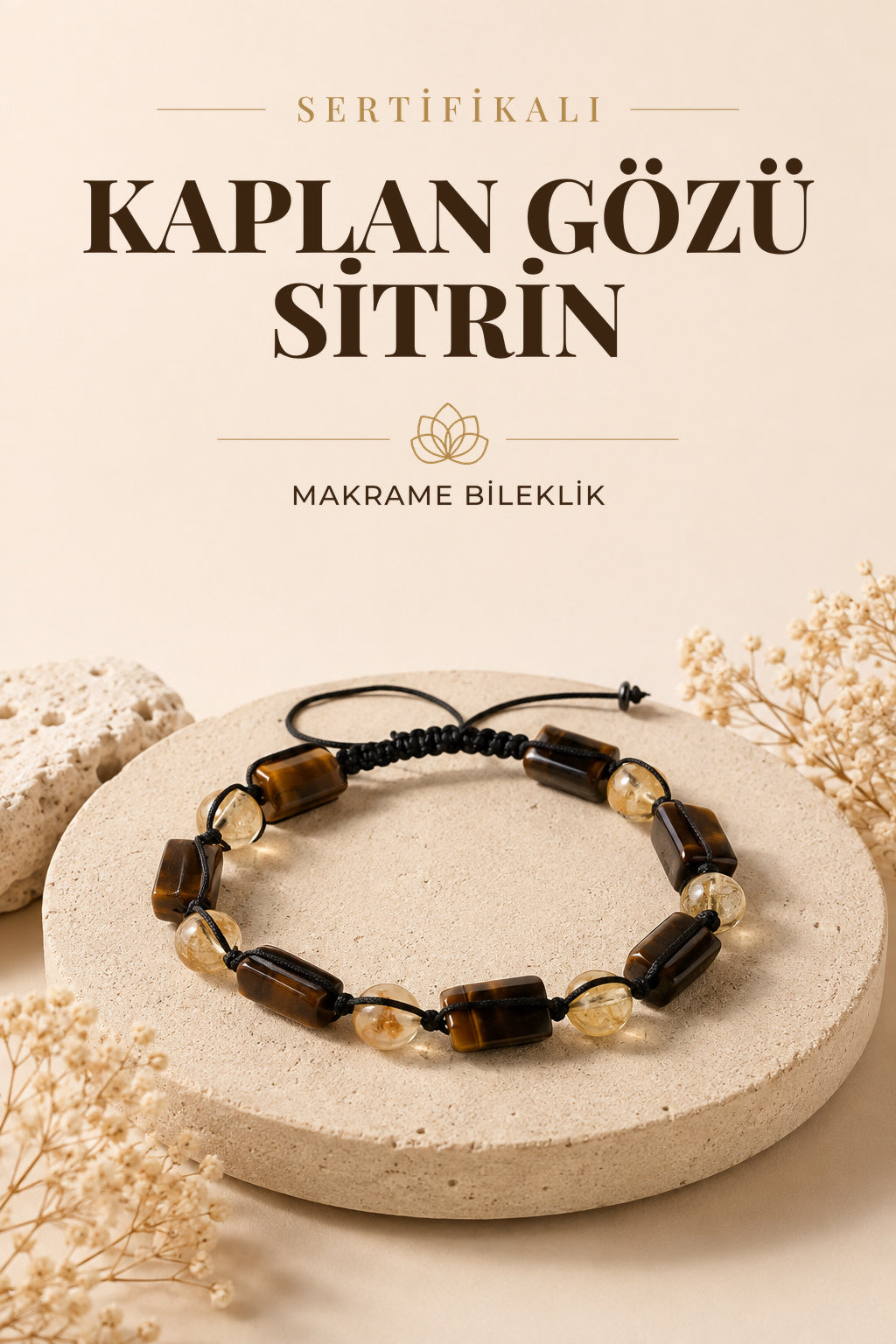 SERTİFİKALI Kaplan Gözü-Sitrin Doğal Taş Ayarlanabilir Makrome Bileklik