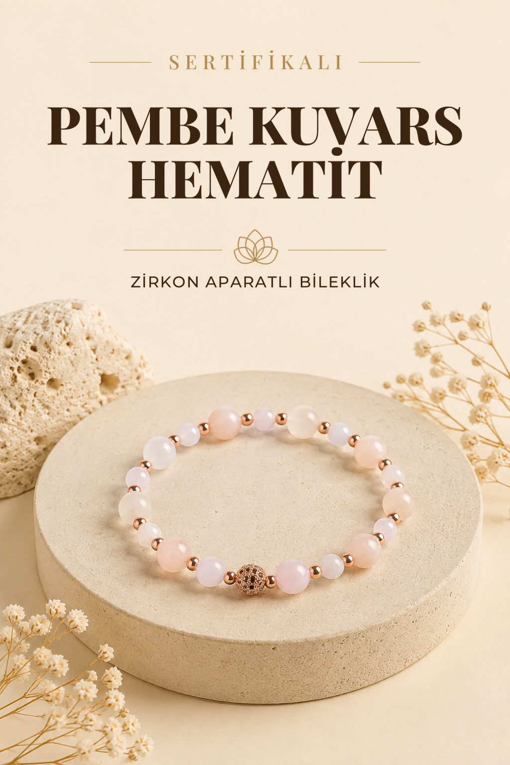SERTİFİKALI Pembe Kuvars-Hematit Doğal Taş Zirkon Aparatlı Bileklik 6-8 mm