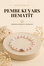 SERTİFİKALI Pembe Kuvars-Hematit Doğal Taş Zirkon Aparatlı Bileklik 6-8 mm