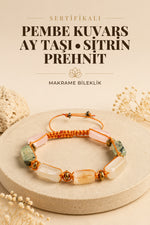SERTİFİKALI Pembe Kuvars-Ay taşı-Sitrin-Prehneit No:2 Doğal Taş Ayarlanabilir Makrome Bileklik