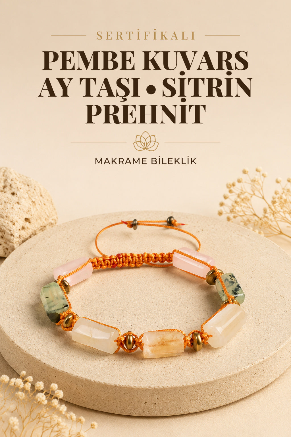 SERTİFİKALI Pembe Kuvars-Ay taşı-Sitrin-Prehneit No:2 Doğal Taş Ayarlanabilir Makrome Bileklik