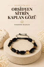 SERTİFİKALI Obsidyen-Sitrin-Kaplan Gözü Doğal Taş Ayarlanabilir Makrome Bileklik