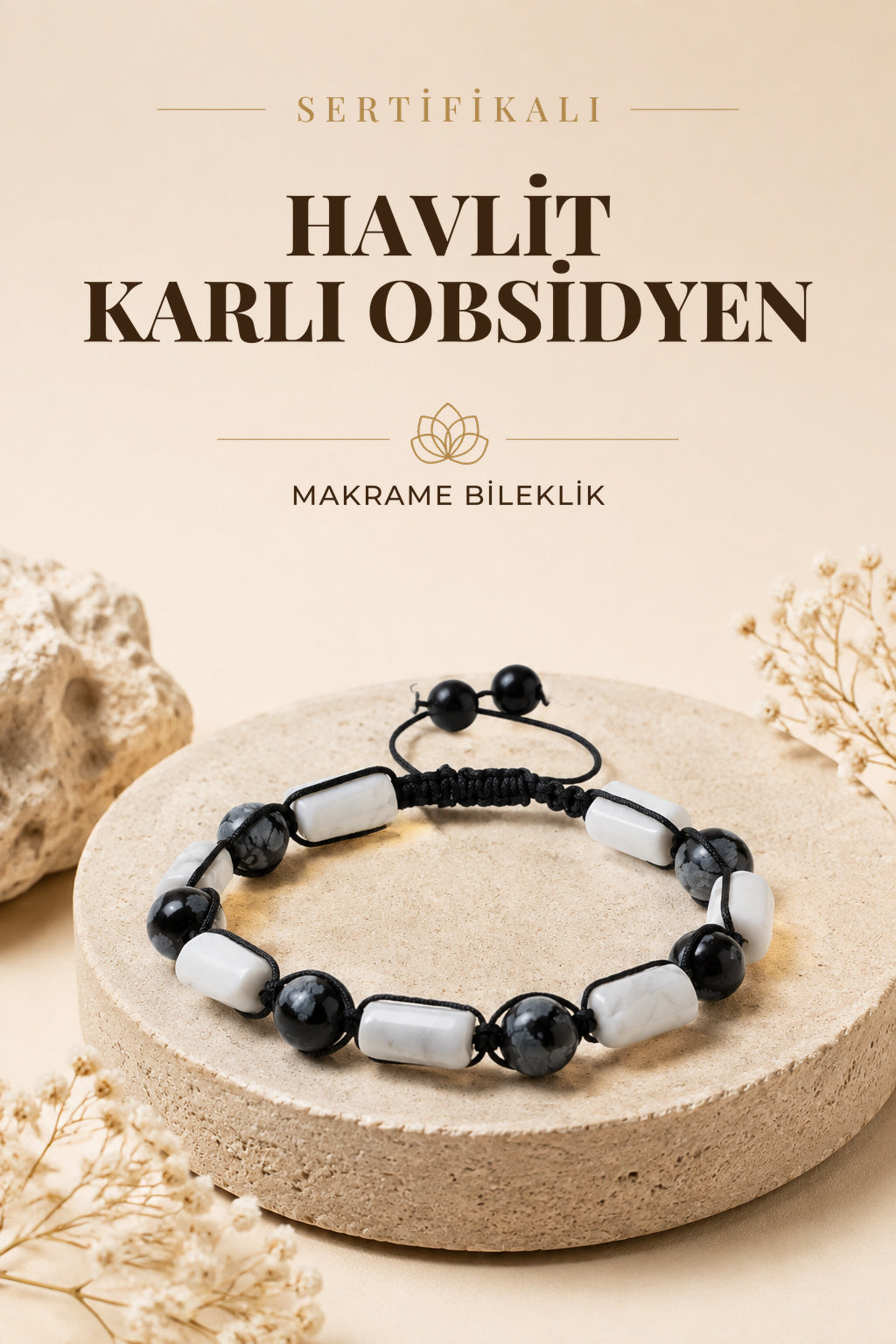 SERTİFİKALI Havlit-Karlı Obsidyen Doğal Taş Ayarlanabilir Makrome Bileklik