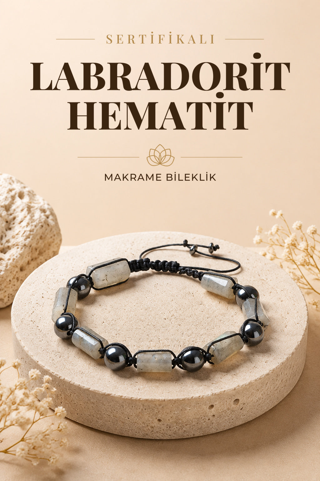 SERTİFİKALI Labrodorit-Hematit Doğal Taş Ayarlanabilir Makrome Bileklik