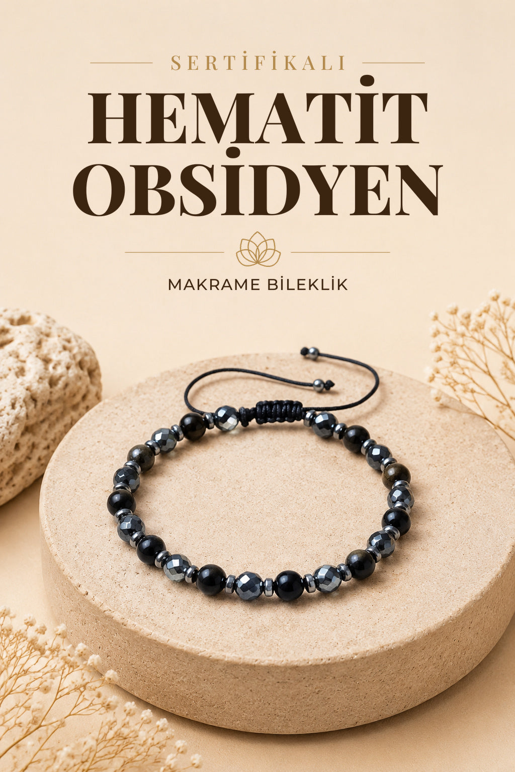 SERTİFİKALI Hematit-Obsidyen Doğal Taş Ayarlanabilir Makrome Bileklik 6 mm
