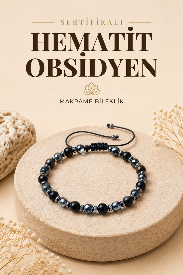 SERTİFİKALI Hematit-Obsidyen Doğal Taş Ayarlanabilir Makrome Bileklik 6 mm