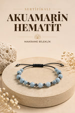 SERTİFİKALI Akuamarin-Hematit Doğal Taş Ayarlanabilir Makrome Bileklik