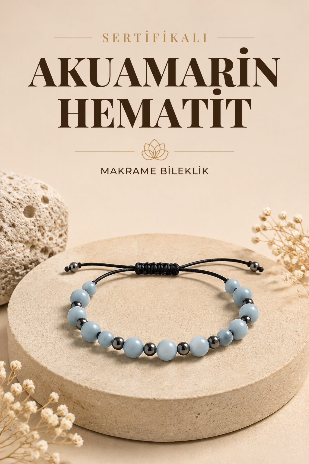 SERTİFİKALI Akuamarin-Hematit Doğal Taş Ayarlanabilir Makrome Bileklik
